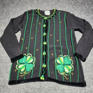 Quacker Factory St Patricks Day Shamrock Luck Irish Cardigan Sweater Large Beads